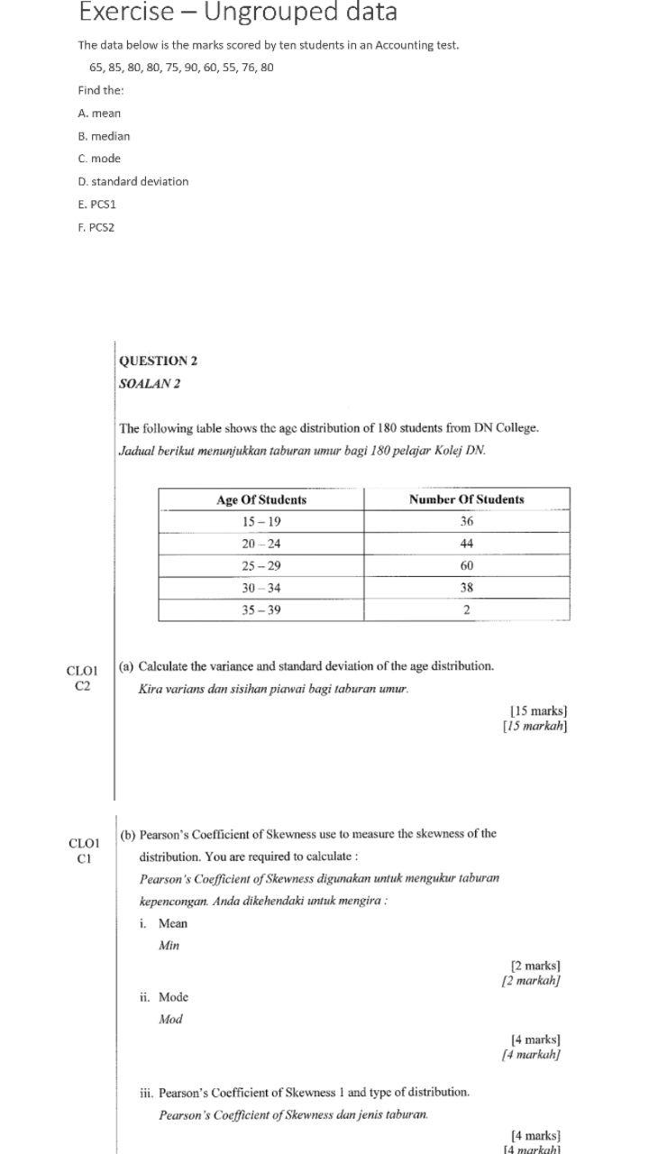 Solved Exercise Ungrouped Data The Data Below Is The Marks Chegg Com