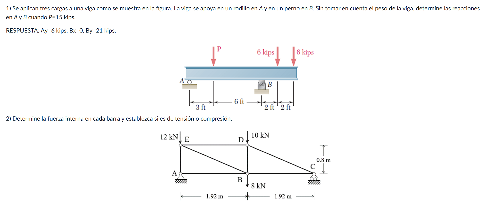 1) Se aplican tres cargas a una viga como se muestra en la figura. La viga se apoya en un rodillo en \( A \) y en un perno en