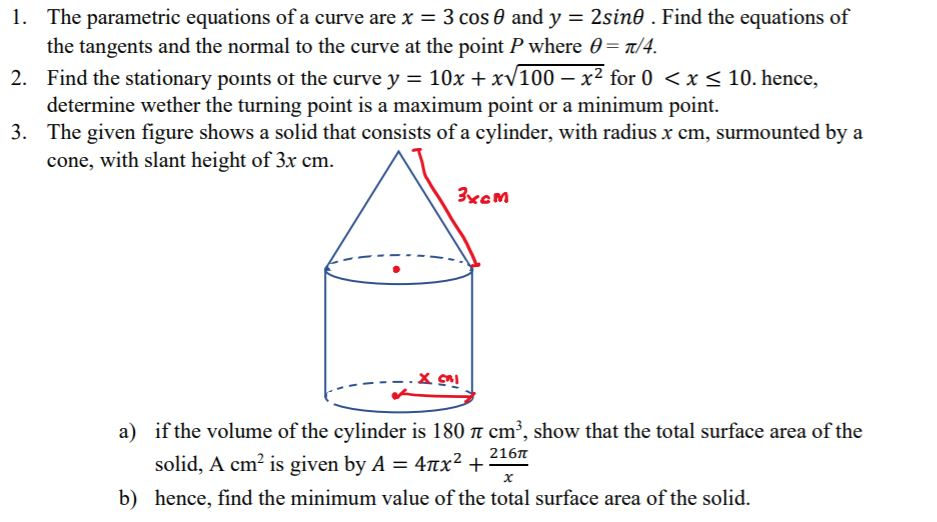 Solved APPLICATION OF DIFFERENTIATION 1. The parametric | Chegg.com