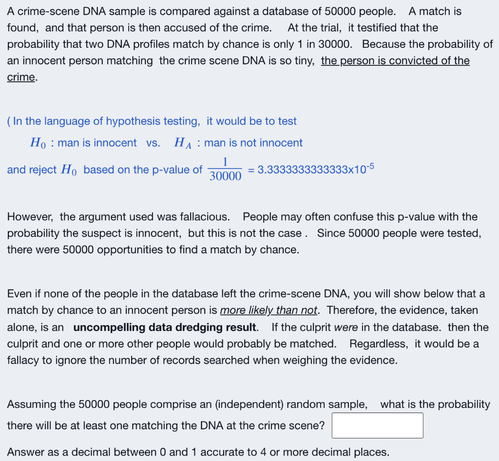 Solved A Crime-scene DNA Sample Is Compared Against A | Chegg.com