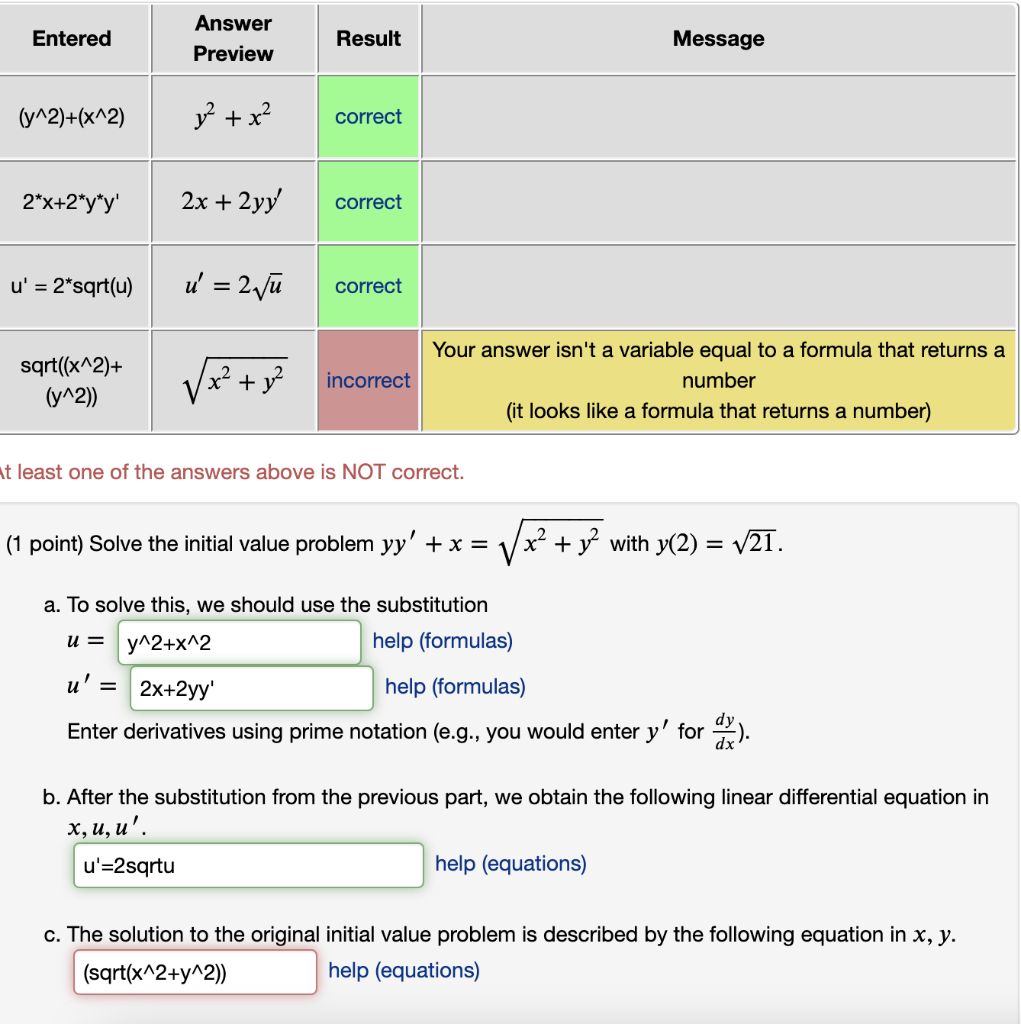 Solved Entered Answer Preview Result Message Y 2 X 2 Y2 Chegg Com