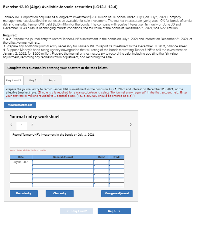 Solved Exercise 12-10 (Algo) Available-for-sale securities | Chegg.com