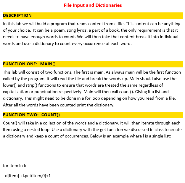 Solved File Input and Dictionaries DESCRIPTION In this lab | Chegg.com