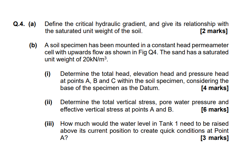 Solved Fig Q4.(a) Define the critical hydraulic gradient,