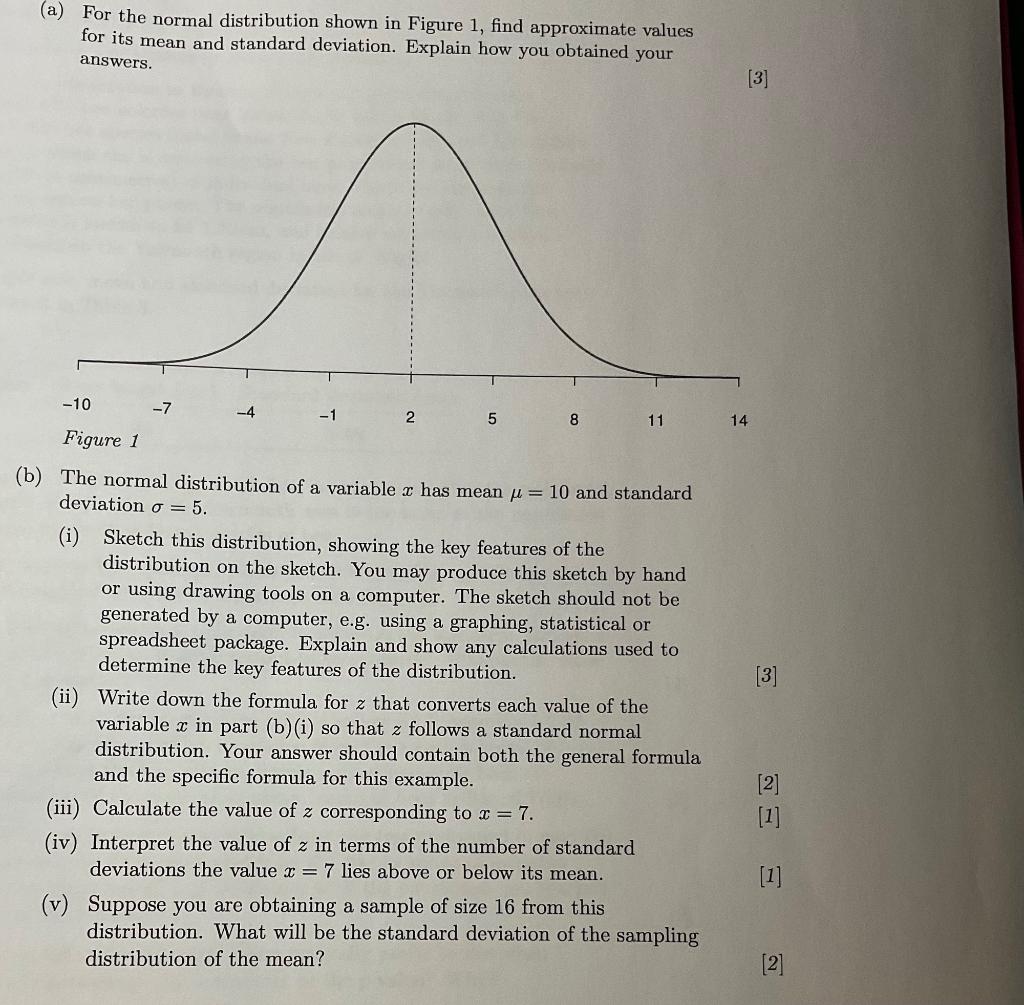 (a) For the normal distribution shown in Figure 1, find approximate values for its mean and standard deviation. Explain how y