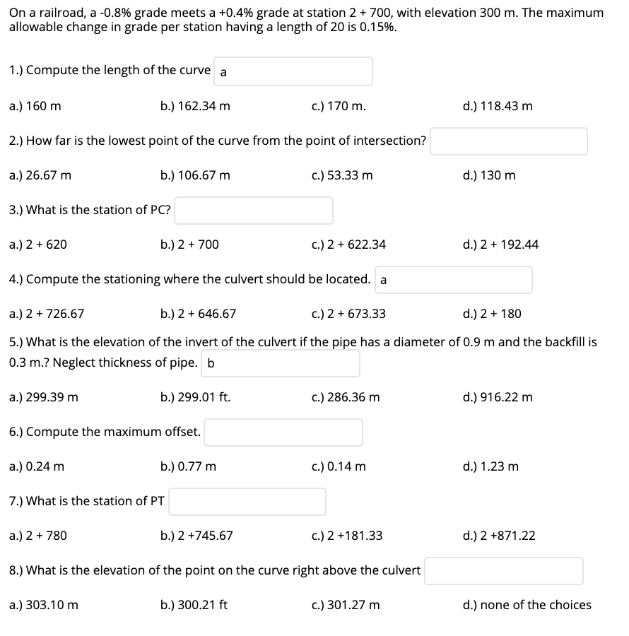 Solved On a railroad, a -0.8% grade meets a +0.4% grade at | Chegg.com