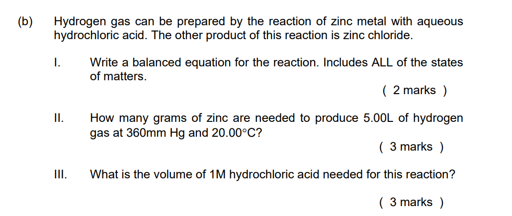 Solved B) Hydrogen Gas Can Be Prepared By The Reaction Of | Chegg.com