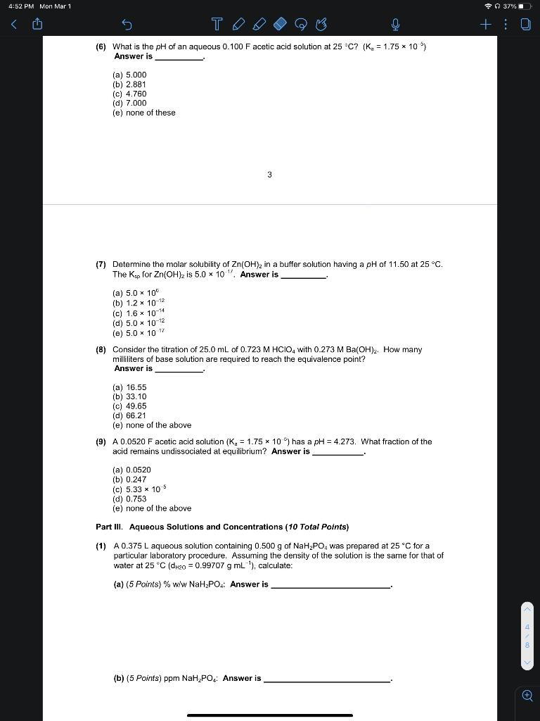 Solved 4 52 Pm Mon Mar 1 0 37 0 6 What Is The Ph O Chegg Com