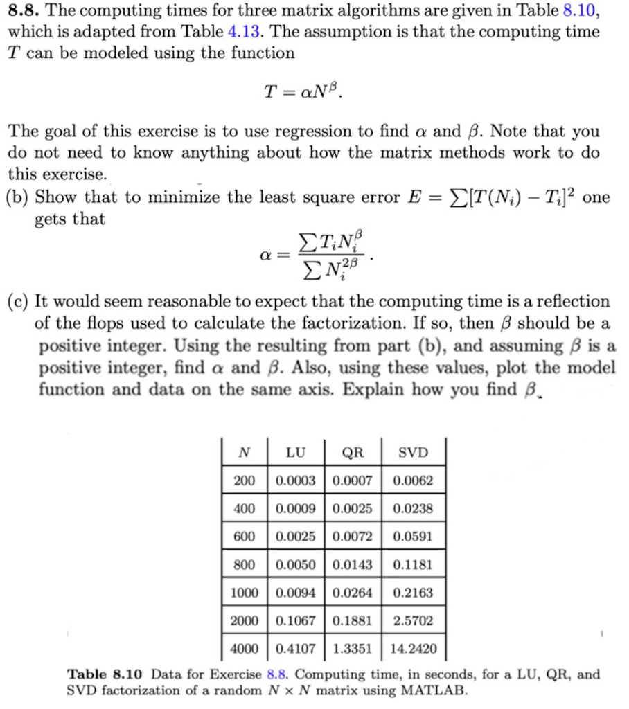 8.8. The computing times for three matrix algorithms | Chegg.com