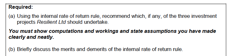 Required:
(a) Using the internal rate of return rule, recommend which, if any, of the three investment
projects Resilient Ltd