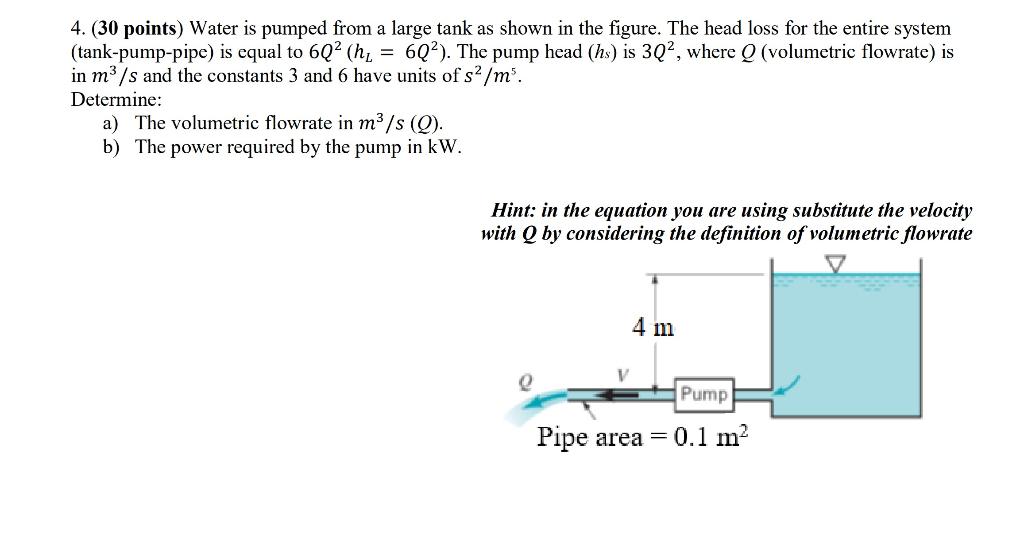 Solved 4. (30 points) Water is pumped from a large tank as | Chegg.com