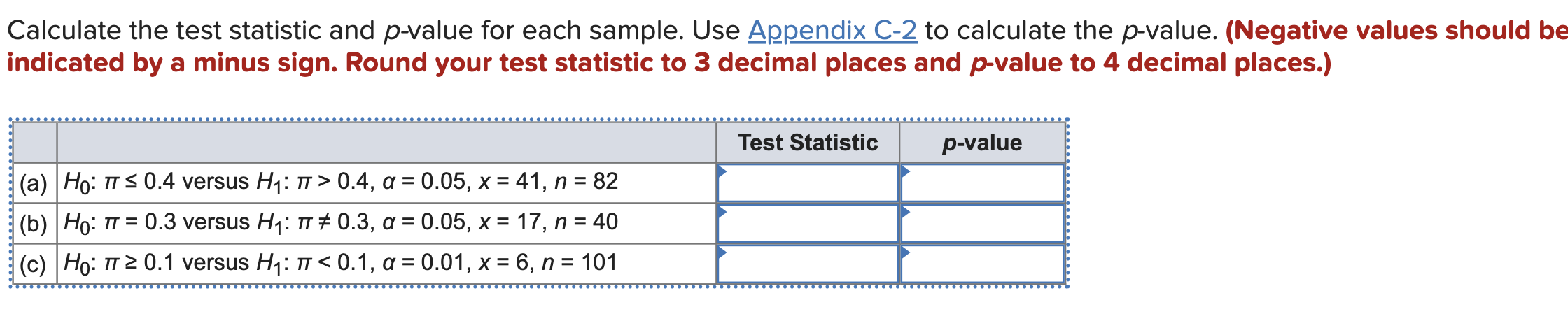 Calculate the test statistic and \( p \)-value for each sample. Use Appendix \( C-2 \) to calculate the \( p \)-value. (Negat