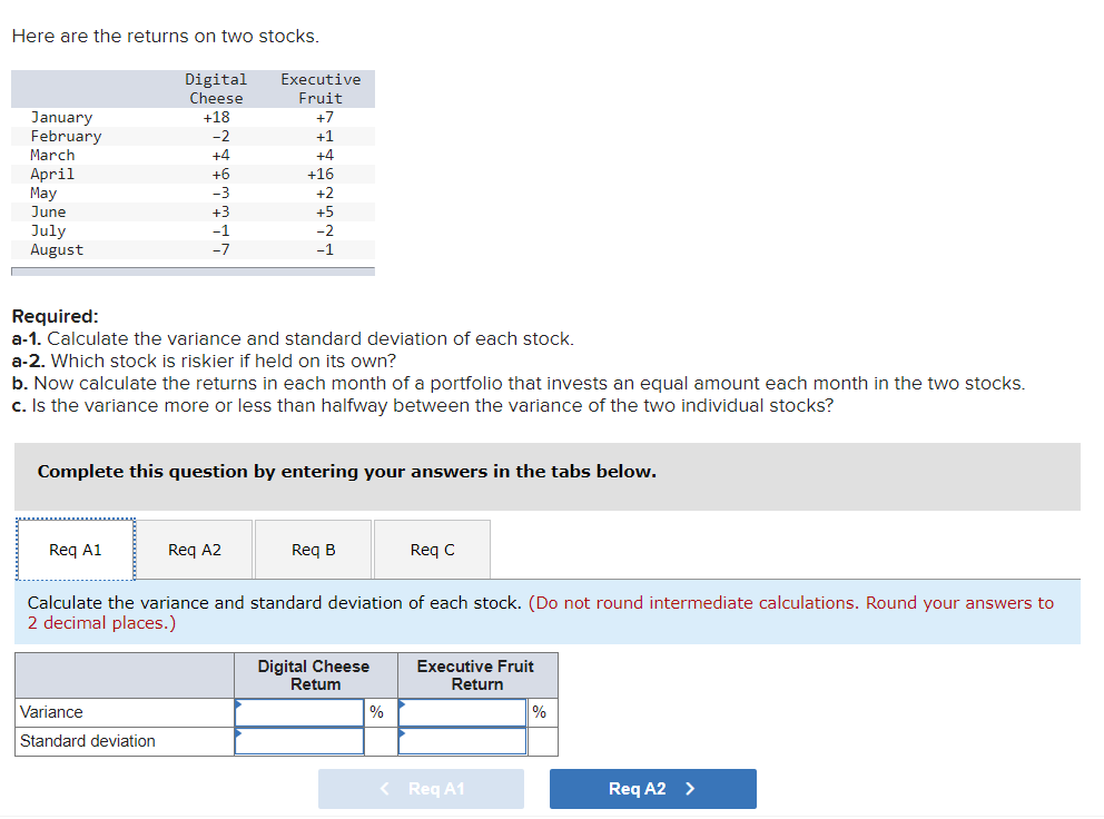 Solved Here are the returns on two stocks. January February | Chegg.com