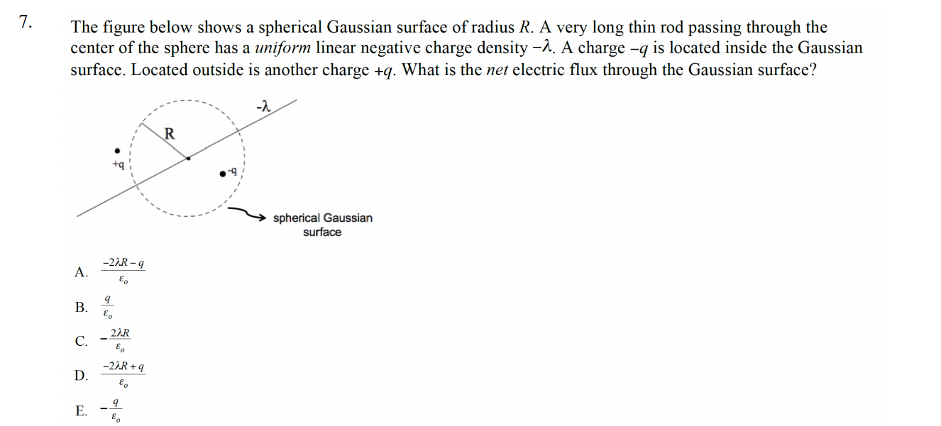 The figure below shows a spherical Gaussian surface of radius \( R \). A very long thin rod passing through the center of the