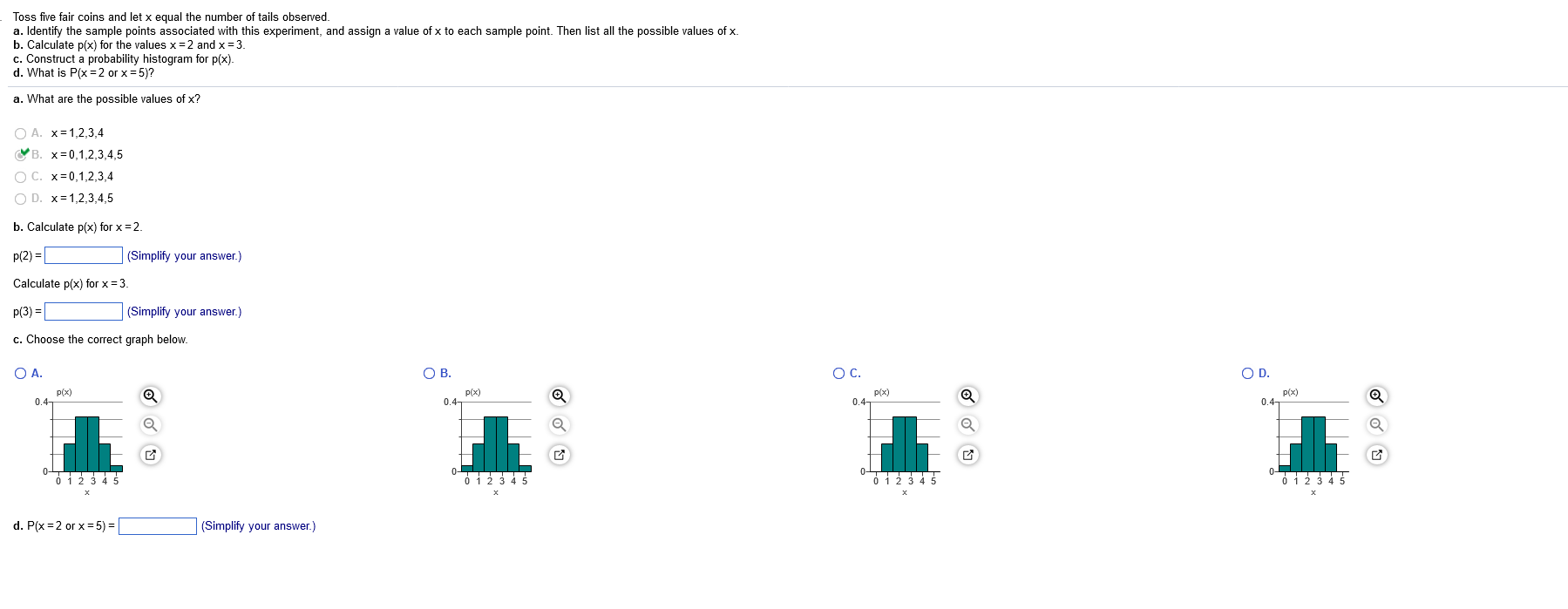 Solved Toss five fair coins and let x equal the number of | Chegg.com