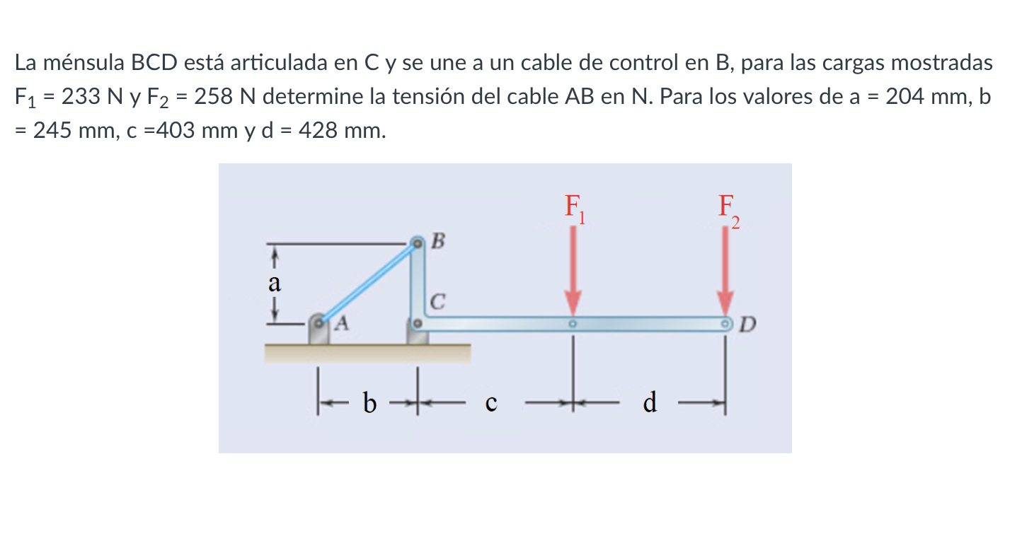 La ménsula BCD está articulada en \( C \) y se une a un cable de control en \( B \), para las cargas mostradas \( F_{1}=233 \