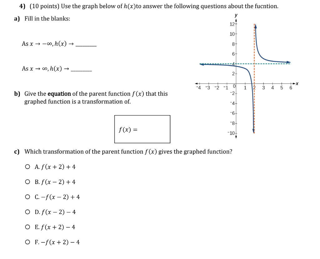 Solved 4) (10 points) Use the graph below of h(x)to answer | Chegg.com