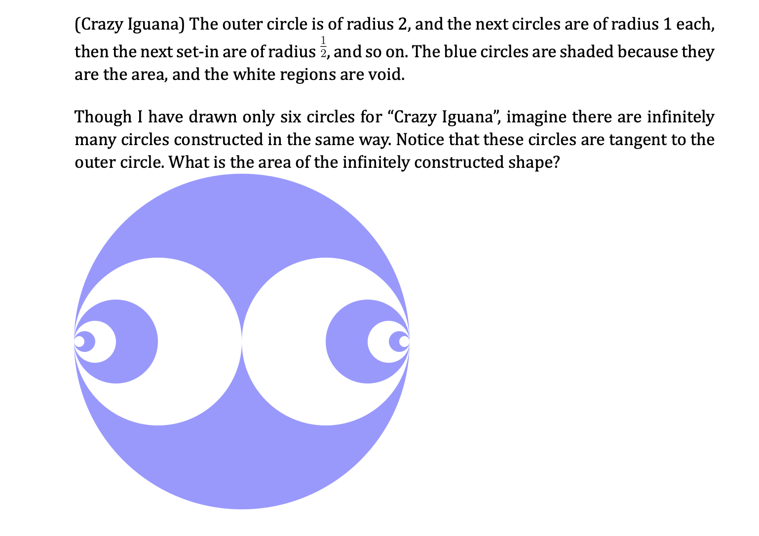 (Crazy Iguana) The outer circle is of radius 2 , and the next circles are of radius 1 each, then the next set-in are of radiu