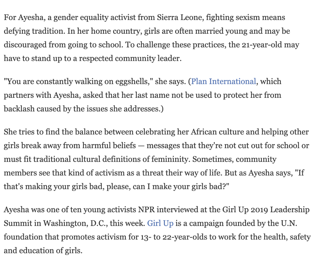 Solved For Ayesha A Gender Equality Activist From Sierra Chegg Com