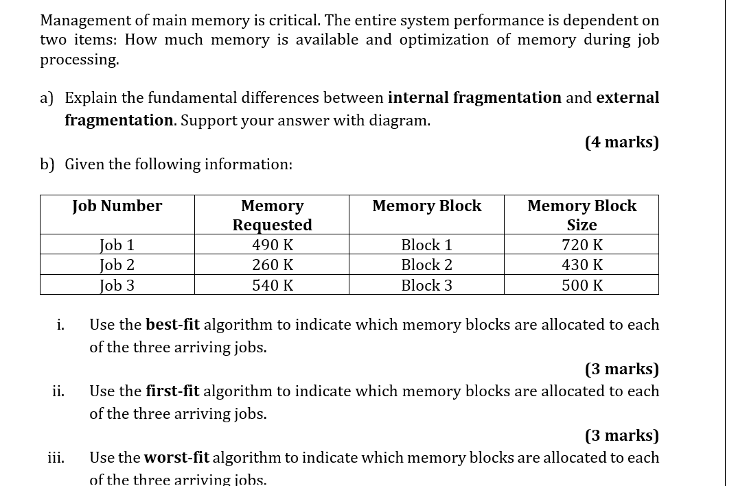 Solved Management of main memory is critical. The entire | Chegg.com
