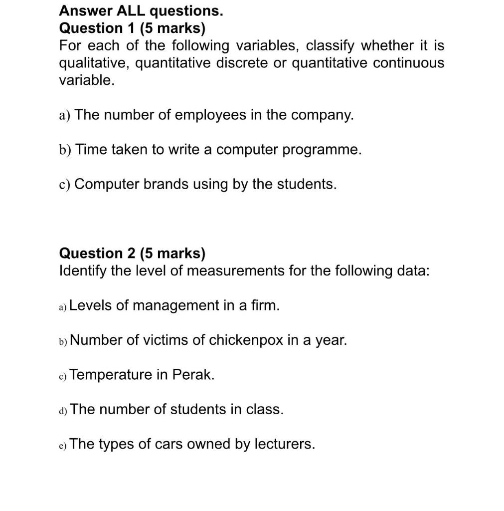 Solved Answer ALL questions. Question 1 (5 marks) For each | Chegg.com