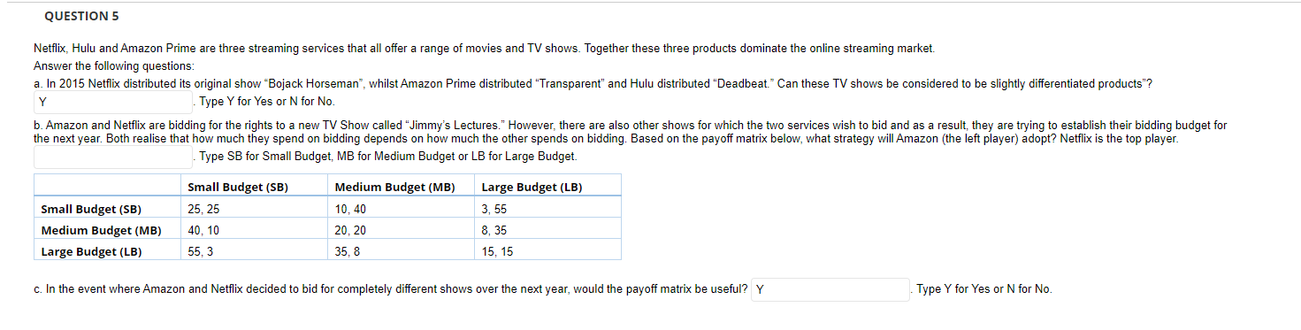 Solved QUESTION 5 Netflix, Hulu and Amazon Prime are three | Chegg.com