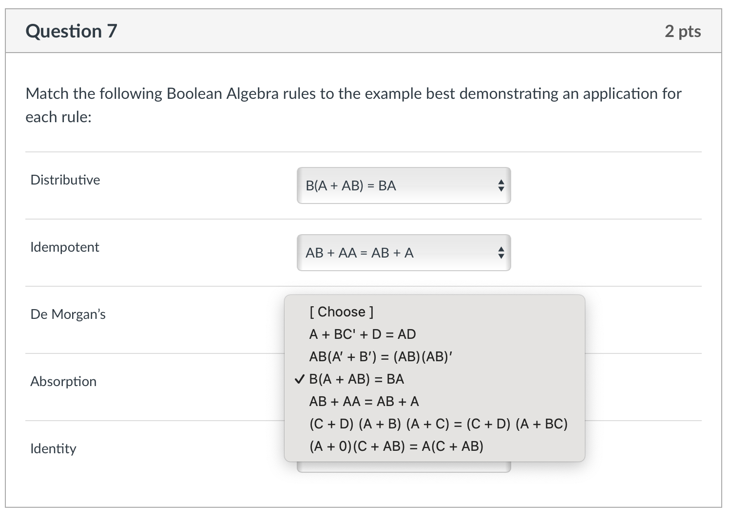 Solved Match The Following Boolean Algebra Rules To The | Chegg.com