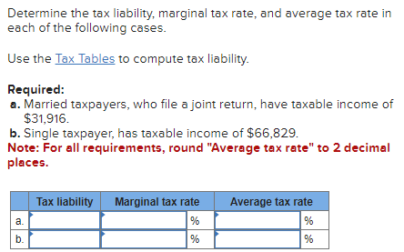 Solved Determine the tax liability, marginal tax rate, and | Chegg.com