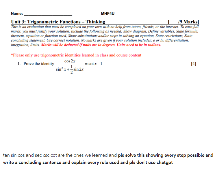 Solved Unit 3 Trigonometric Functions Thinking [9 Marks]