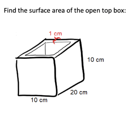Solved Find the surface area of the open top box: 1 cm 10 cm | Chegg.com