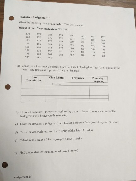 Solved Statisties Assignment 1 Given the following for a | Chegg.com