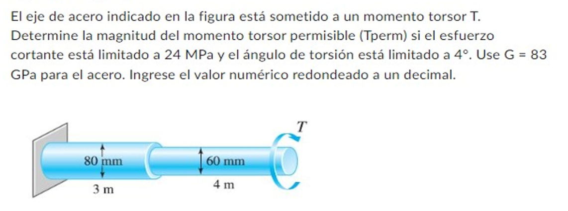 El eje de acero indicado en la figura está sometido a un momento torsor \( \mathrm{T} \). Determine la magnitud del momento t