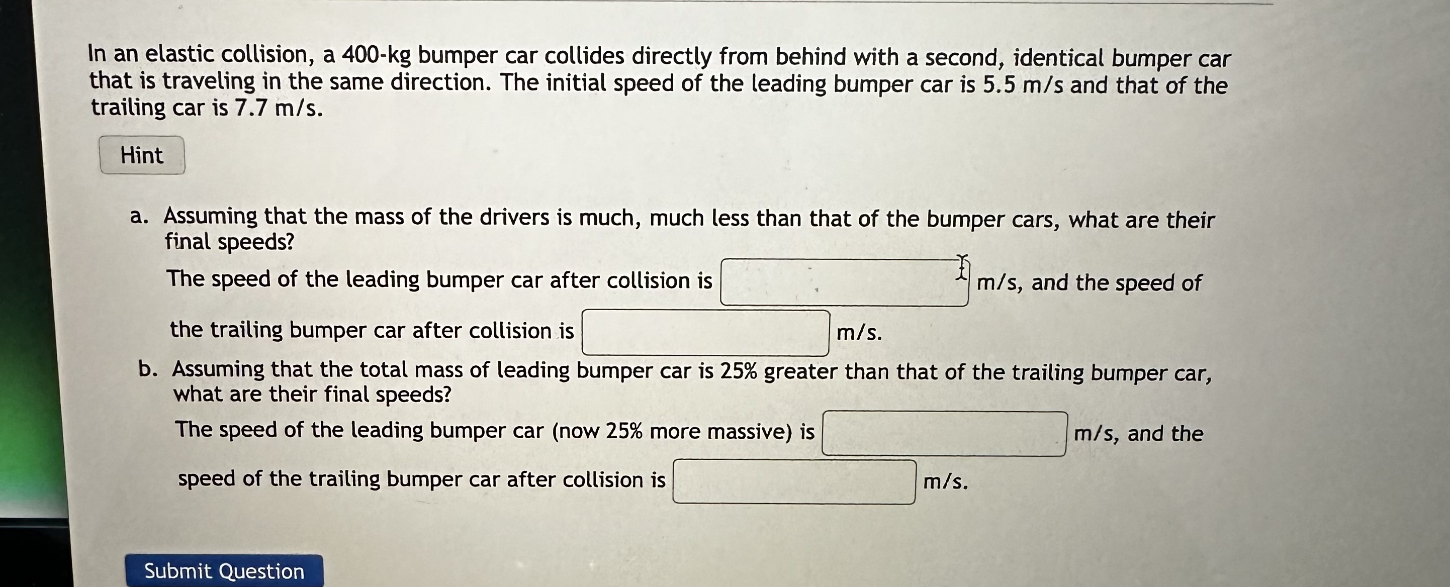 Solved In An Elastic Collision A 400 kg Bumper Car Collides Chegg