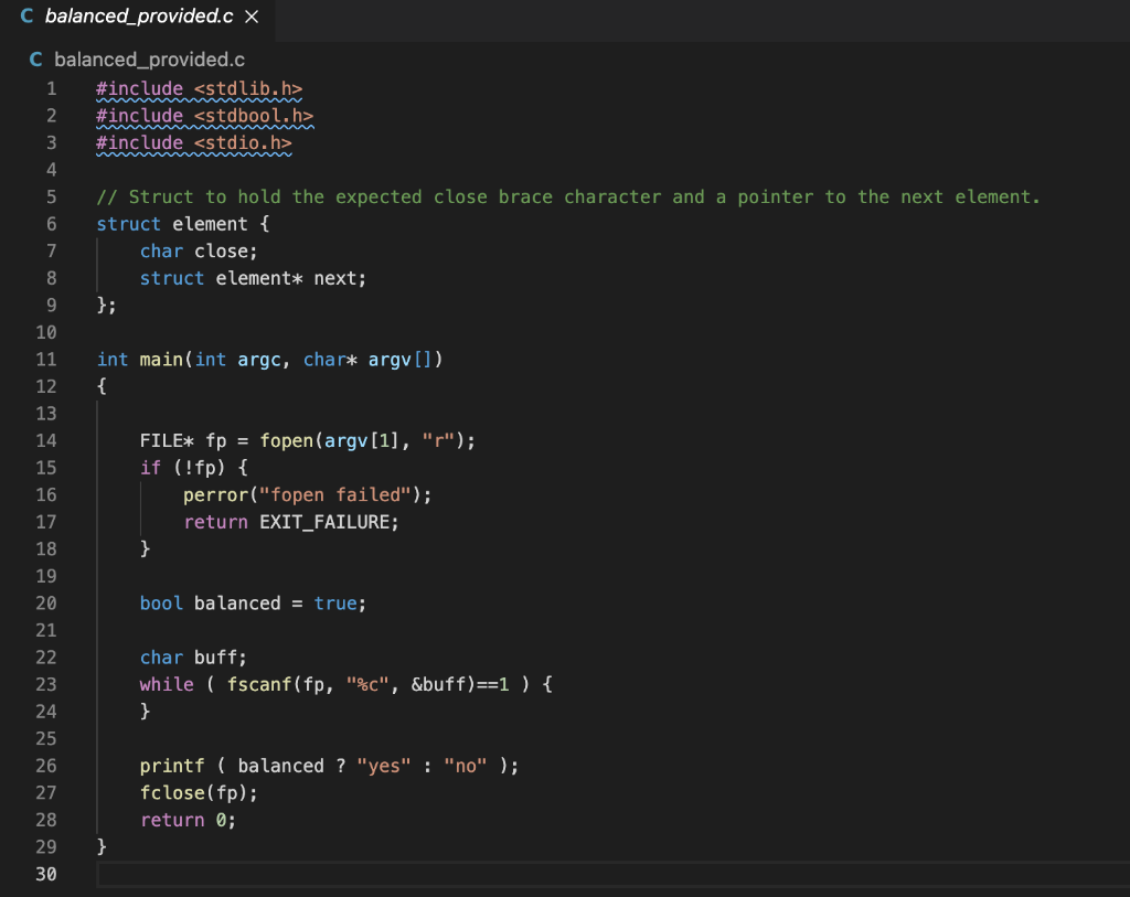 Solved C balanced_provided.c X C balanced_provided.c 1 | Chegg.com