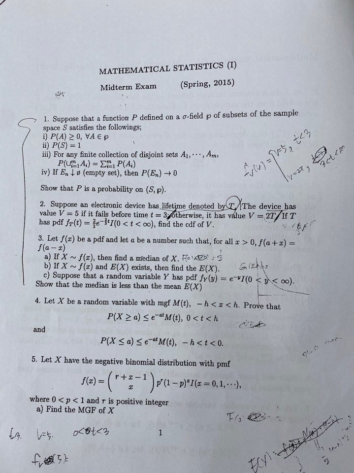 Mathematical Statistics I Midterm Exam 1 Spr Chegg Com