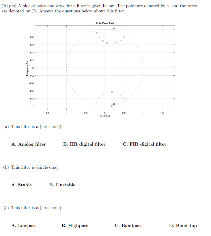 Solved (10 pts) A plot of poles and zeros for a filter is | Chegg.com