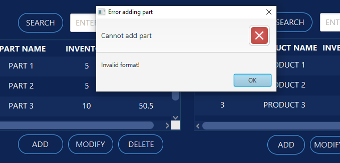 Error adding part SEARCH ΕΝΤΕΙ SEARCH ENT Cannot add part PART NAME UCT NAME INVE INVENT 5 PART 1 Invalid format! ”DUCT 1 PAR