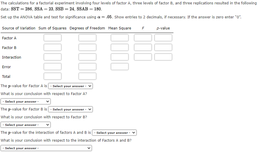 Solved The calculations for a factorial experiment involving | Chegg.com