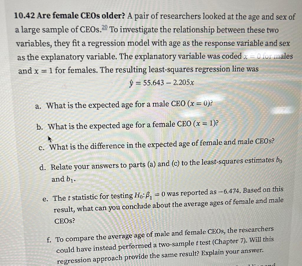 Solved .42 Are female CEOs older? A pair of researchers Chegg photo