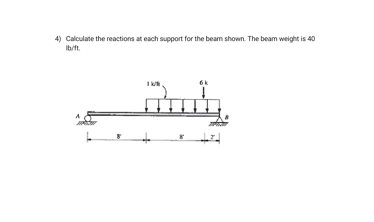 Solved 4) Calculate the reactions at each support for the | Chegg.com