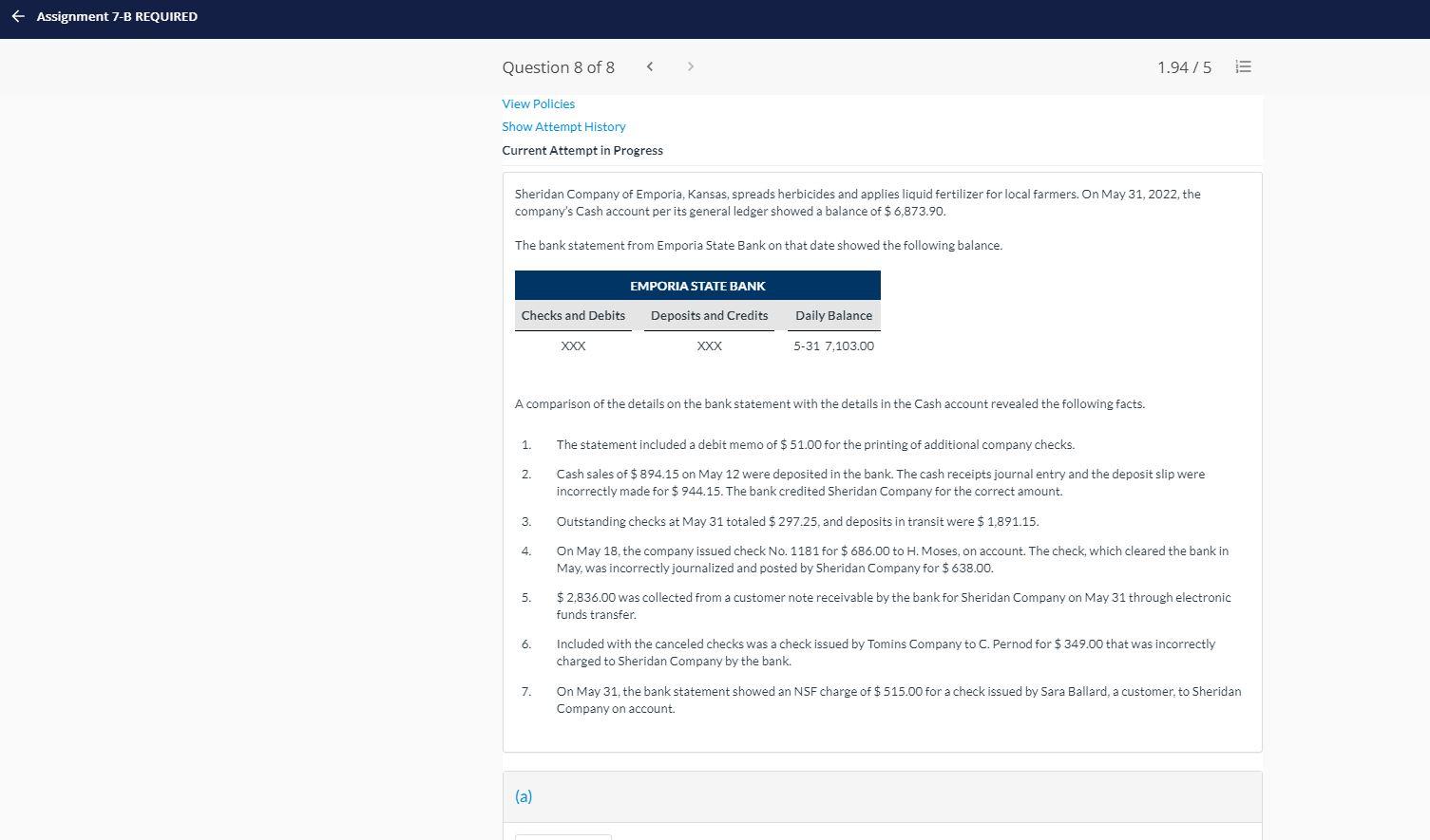 Solved € Assignment 7-B REQUIRED Question 8 of 8 1.94/5 | Chegg.com