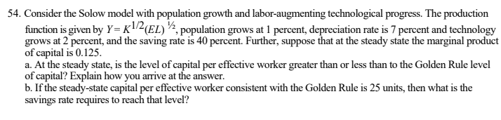 Solved 54. Consider the Solow model with population growth | Chegg.com
