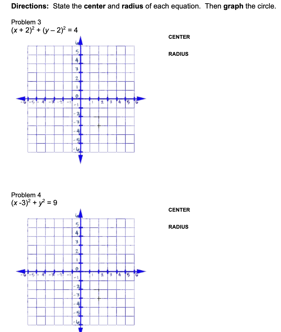 Solved Directions: State the center and radius of each | Chegg.com