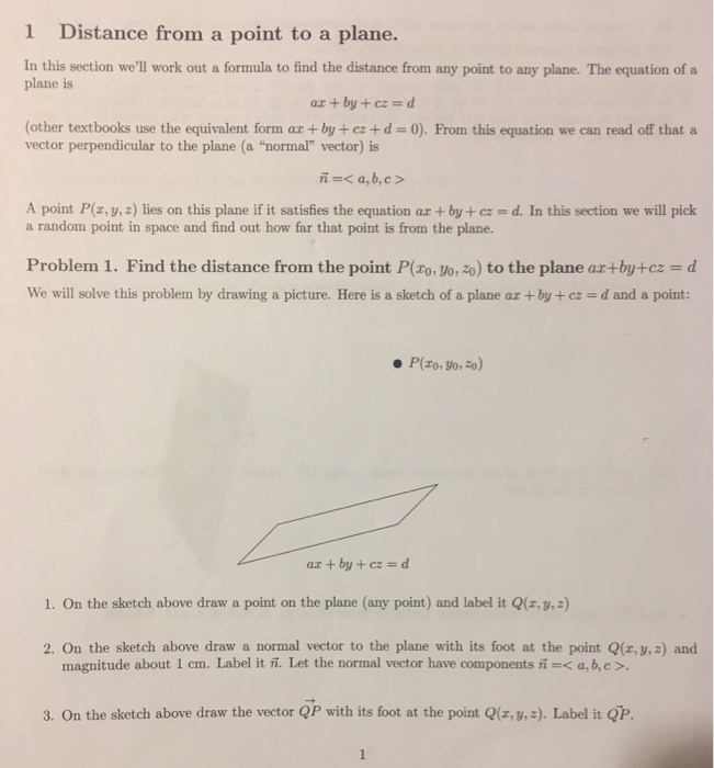 Solved 1 Distance from a point to a plane. In this section | Chegg.com