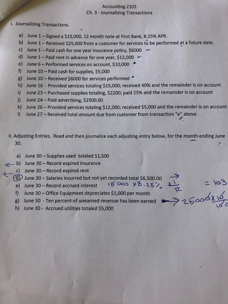 Solved Accounting 2101 Ch. 3 Journalizing Transactions I.