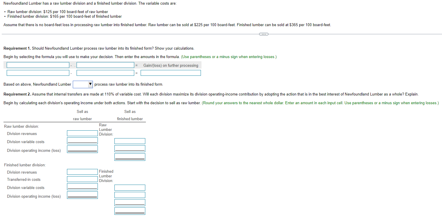 Solved Newfoundland Lumber has a raw lumber division and a
