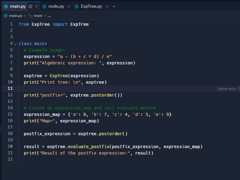Solved in.py ⊟×2 node.py ×2 ExpTree.py ×+ n.py > ε8 main > | Chegg.com