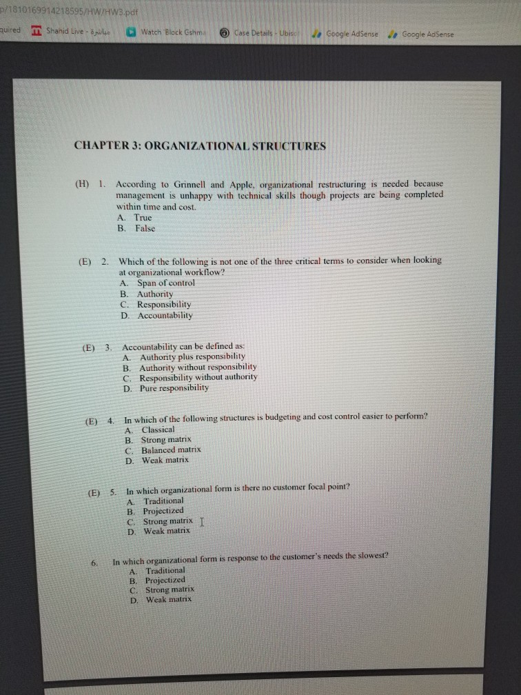 Solved (E) 20. Which organizational structure generally | Chegg.com