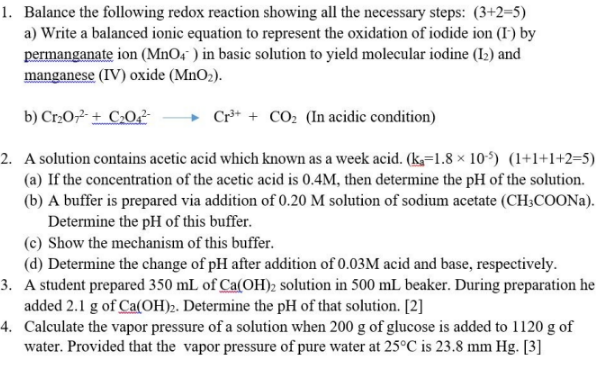 Solved 1. Balance the following redox reaction showing all | Chegg.com