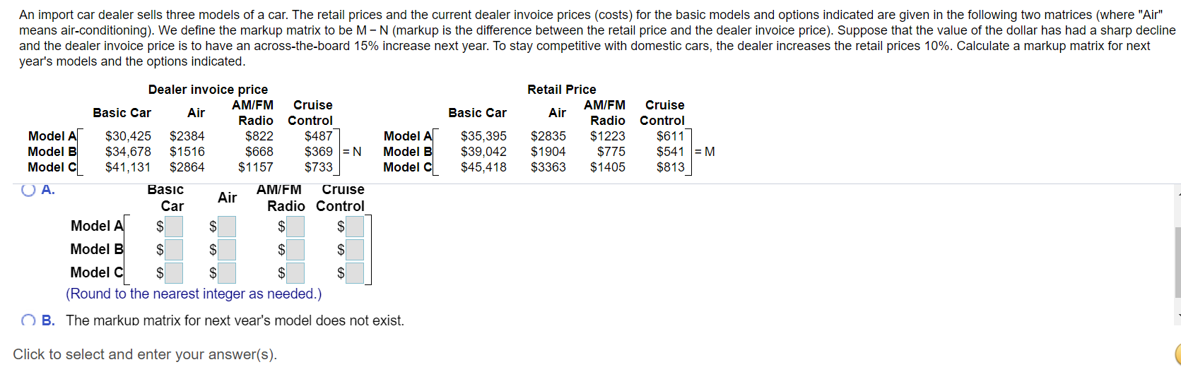 Solved An import car dealer sells three models of a car. The | Chegg.com